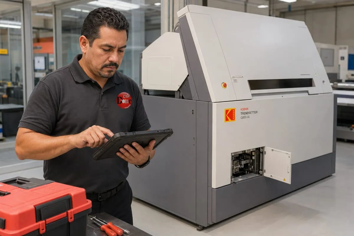 Técnico de CTP D'one operando el equipo Kodak Trendsetter Q800